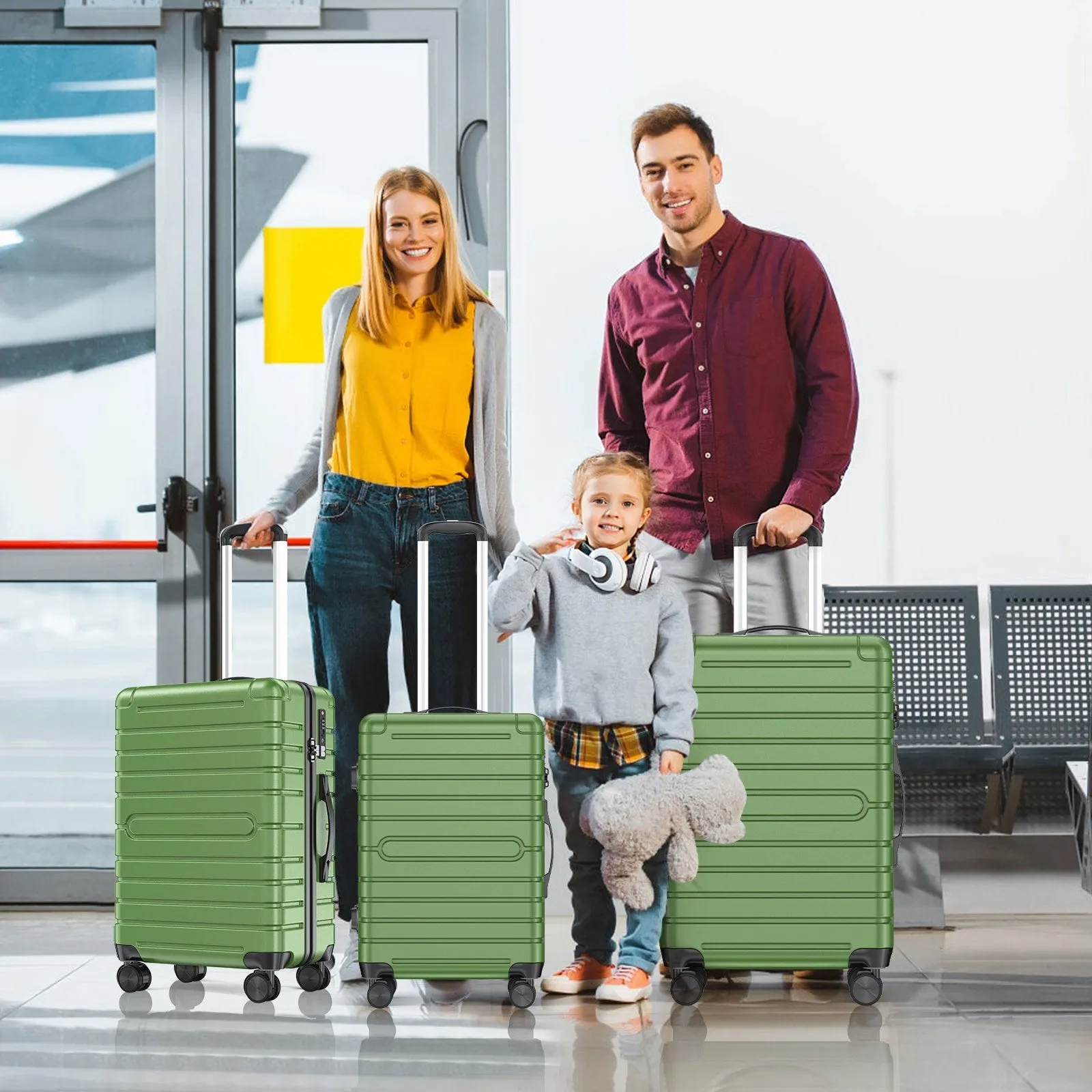 SUGIFT 3 Piece Luggage Sets Hard Shell Luggage Sets with Spinner Wheels TSA Lock, 20in/24in/28in, Green