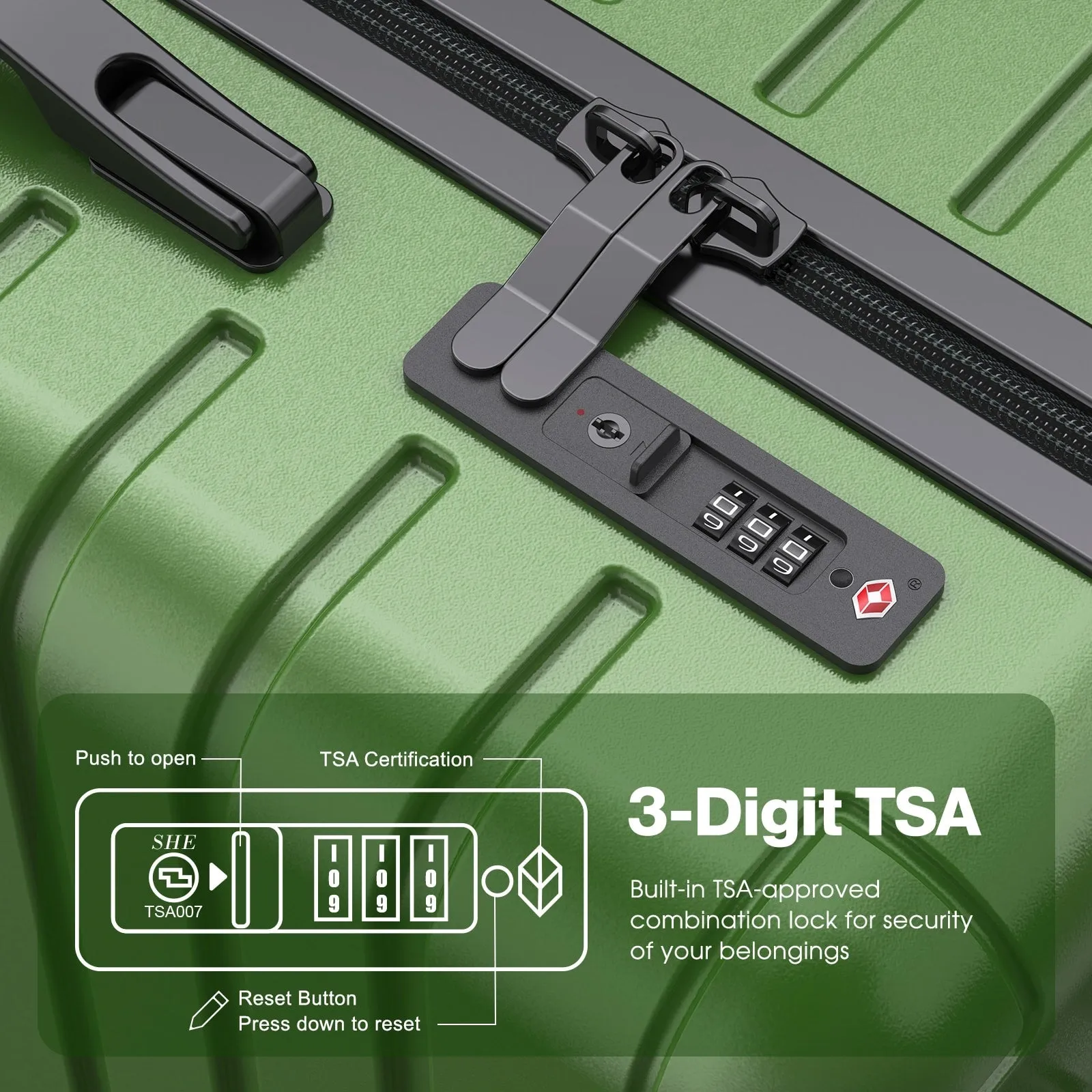 SUGIFT 3 Piece Luggage Sets Hard Shell Luggage Sets with Spinner Wheels TSA Lock, 20in/24in/28in, Green