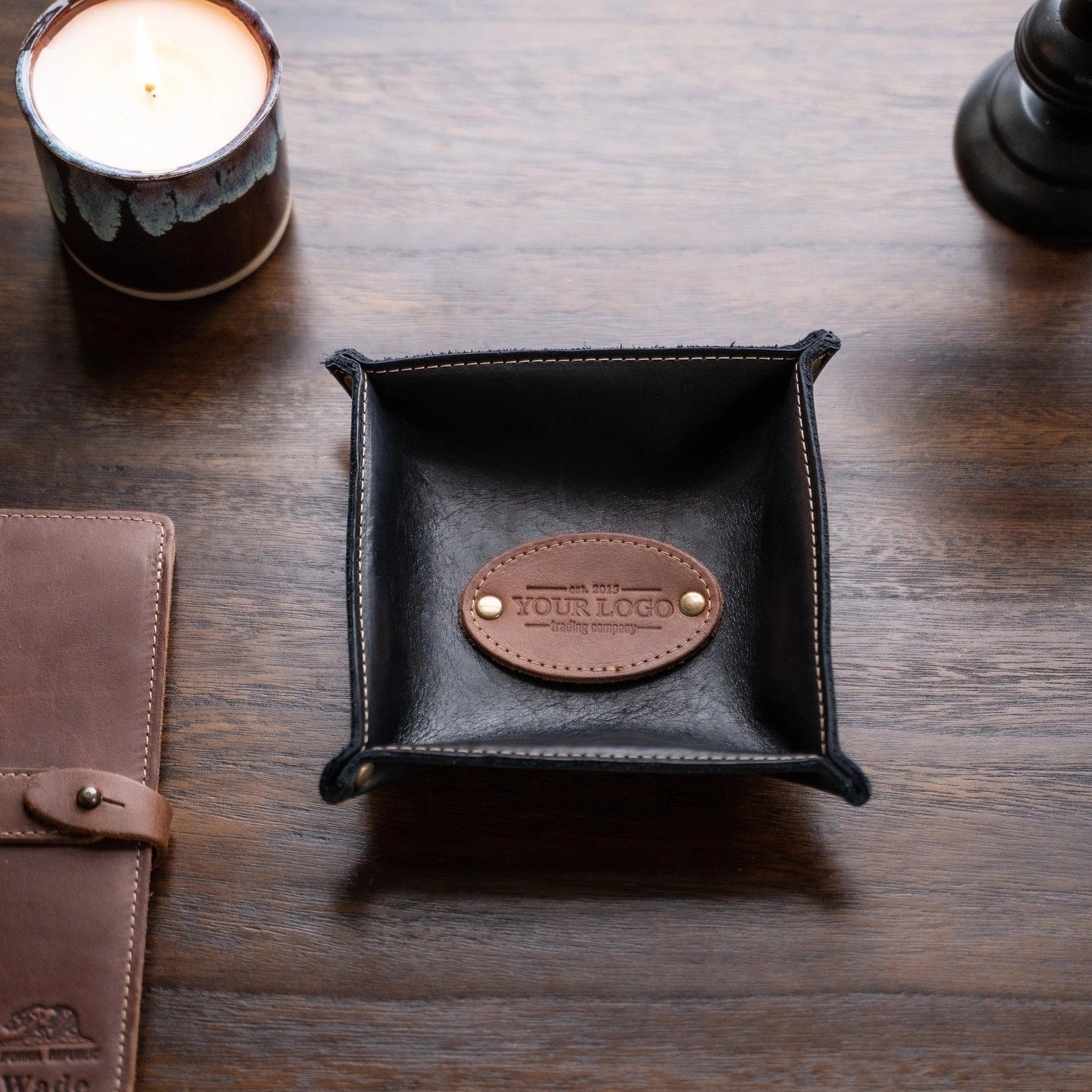 Your Logo   Our Leather - The Monticello Fine Leather Personalized Desk Valet Caddy Tray for Dresser or Office - Custom Logo and Corporate Gifting