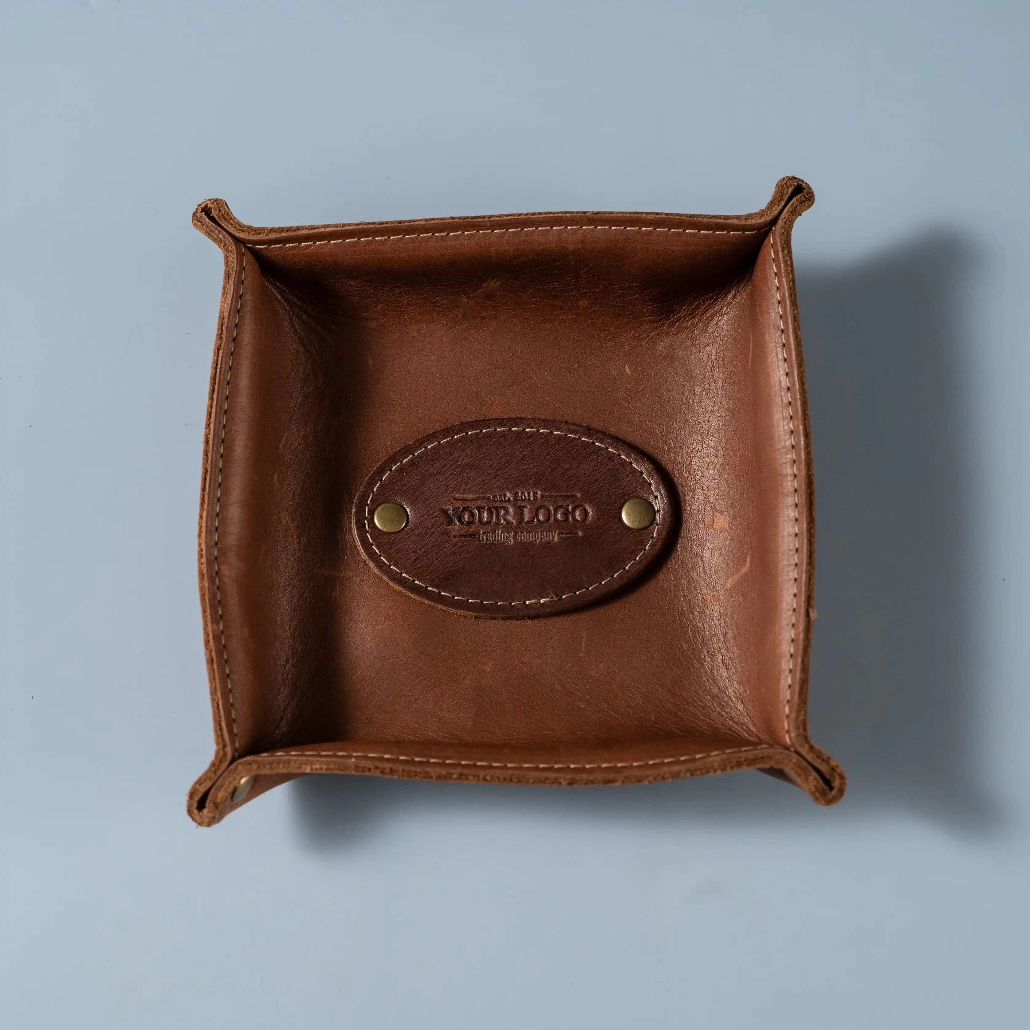 Your Logo   Our Leather - The Monticello Fine Leather Personalized Desk Valet Caddy Tray for Dresser or Office - Custom Logo and Corporate Gifting