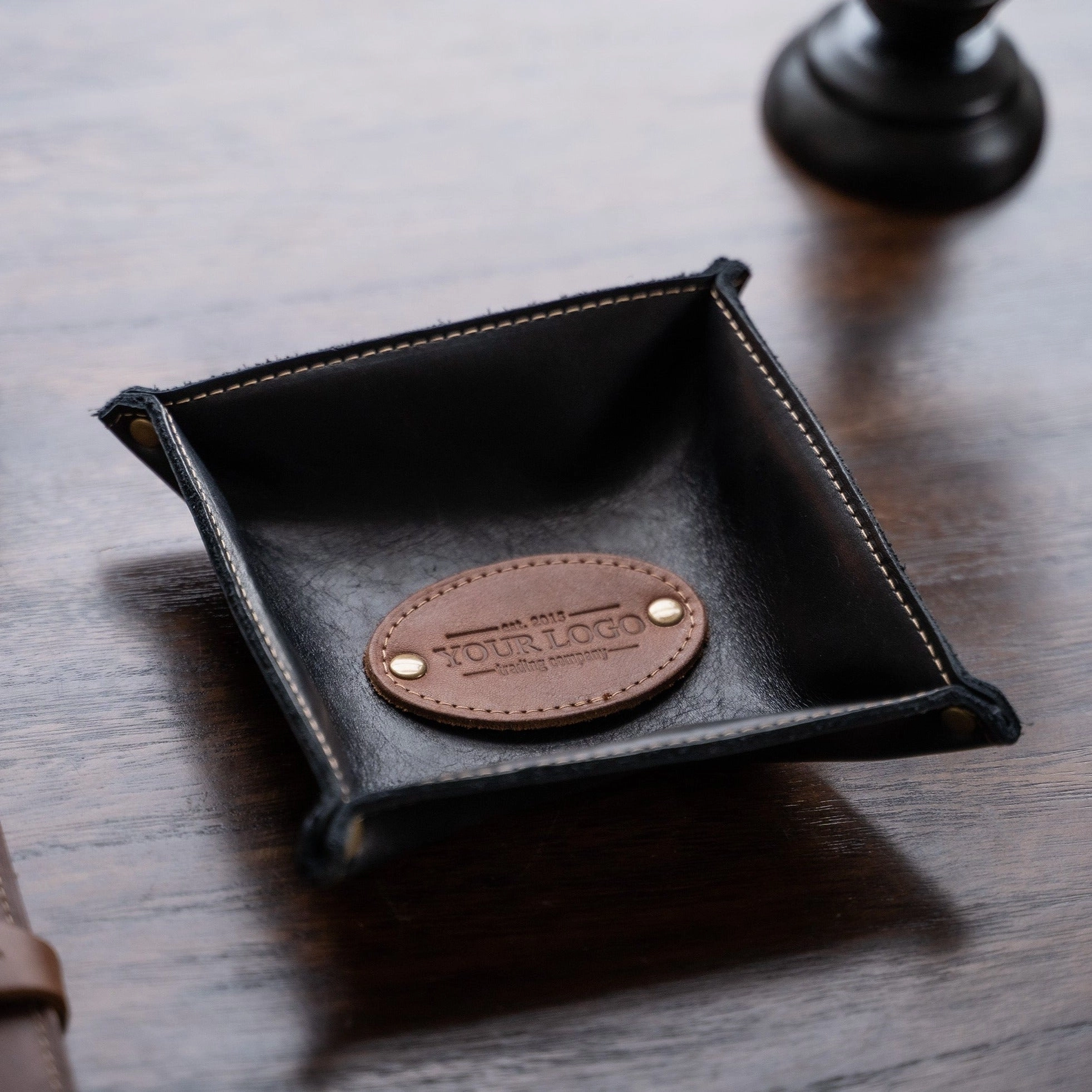 Your Logo   Our Leather - The Monticello Fine Leather Personalized Desk Valet Caddy Tray for Dresser or Office - Custom Logo and Corporate Gifting