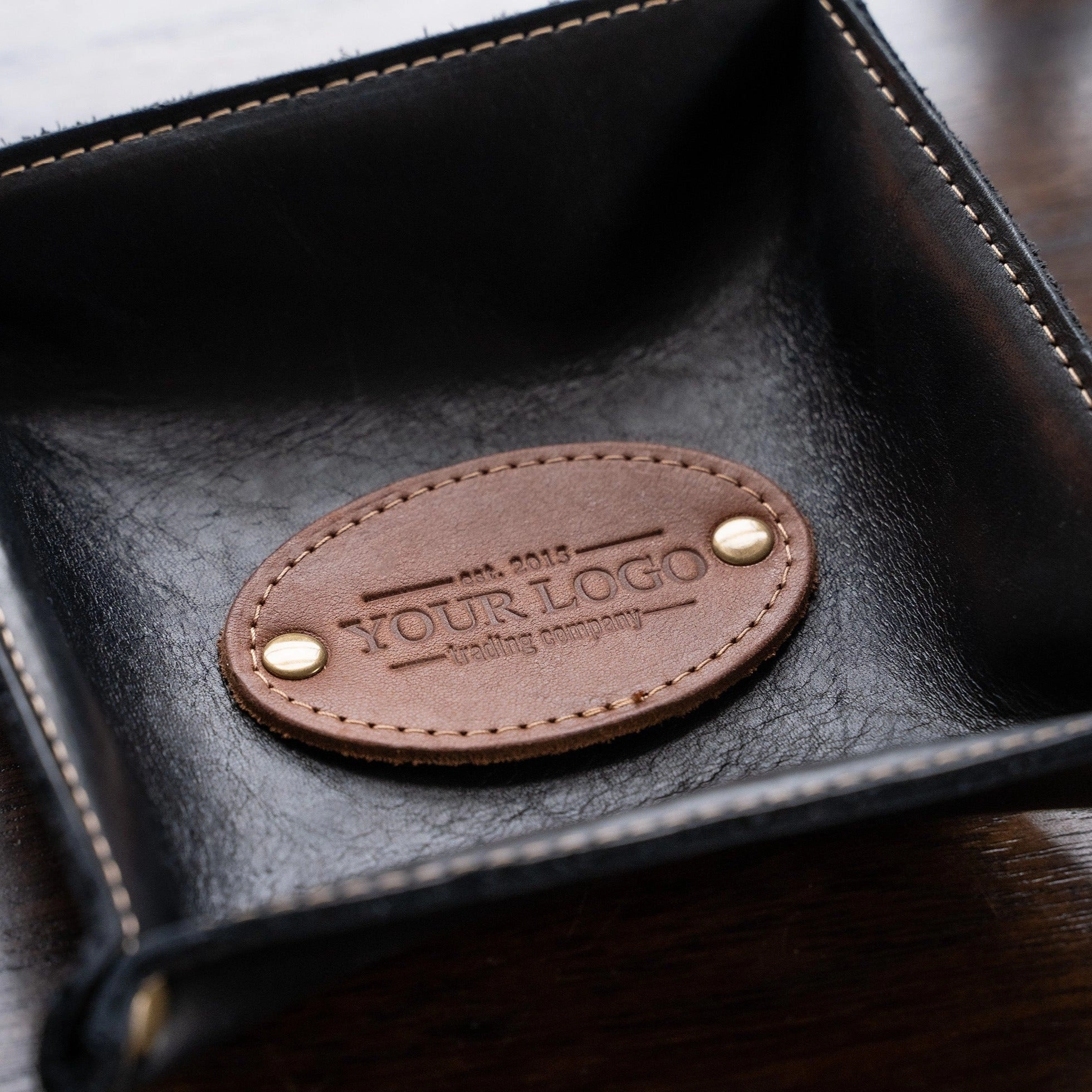 Your Logo   Our Leather - The Monticello Fine Leather Personalized Desk Valet Caddy Tray for Dresser or Office - Custom Logo and Corporate Gifting